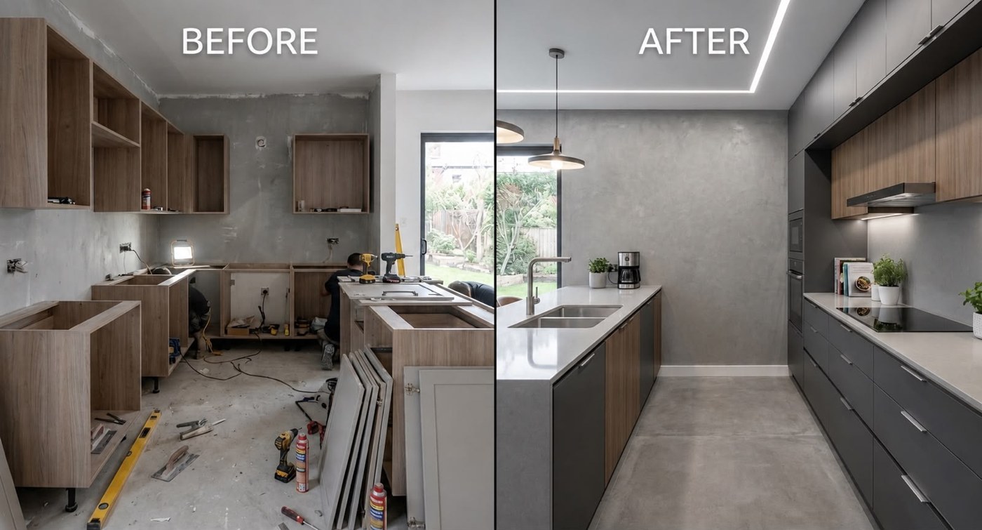 Kitchen before and after renovation