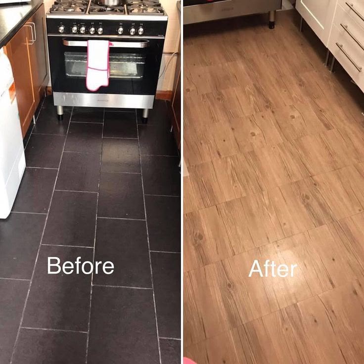 Kitchen floor before and after flooring installation